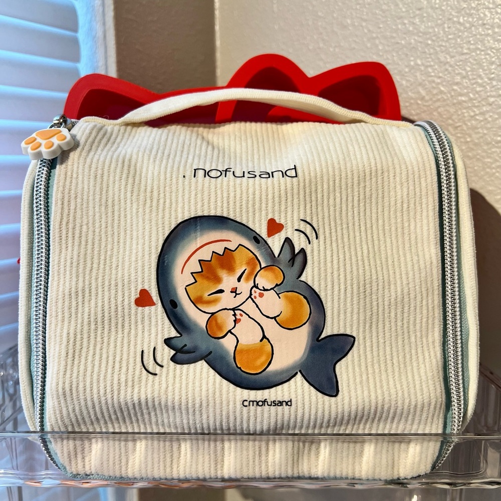 Mofusand Shark Orange Cat Makeup Cosmetic Toiletries Organizer Bag with Hook